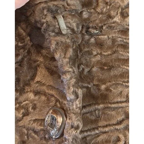 Swakara Karakul Persian Lamb Eco-Fur Coat Women’s S Brown Wood Buttons Buckle